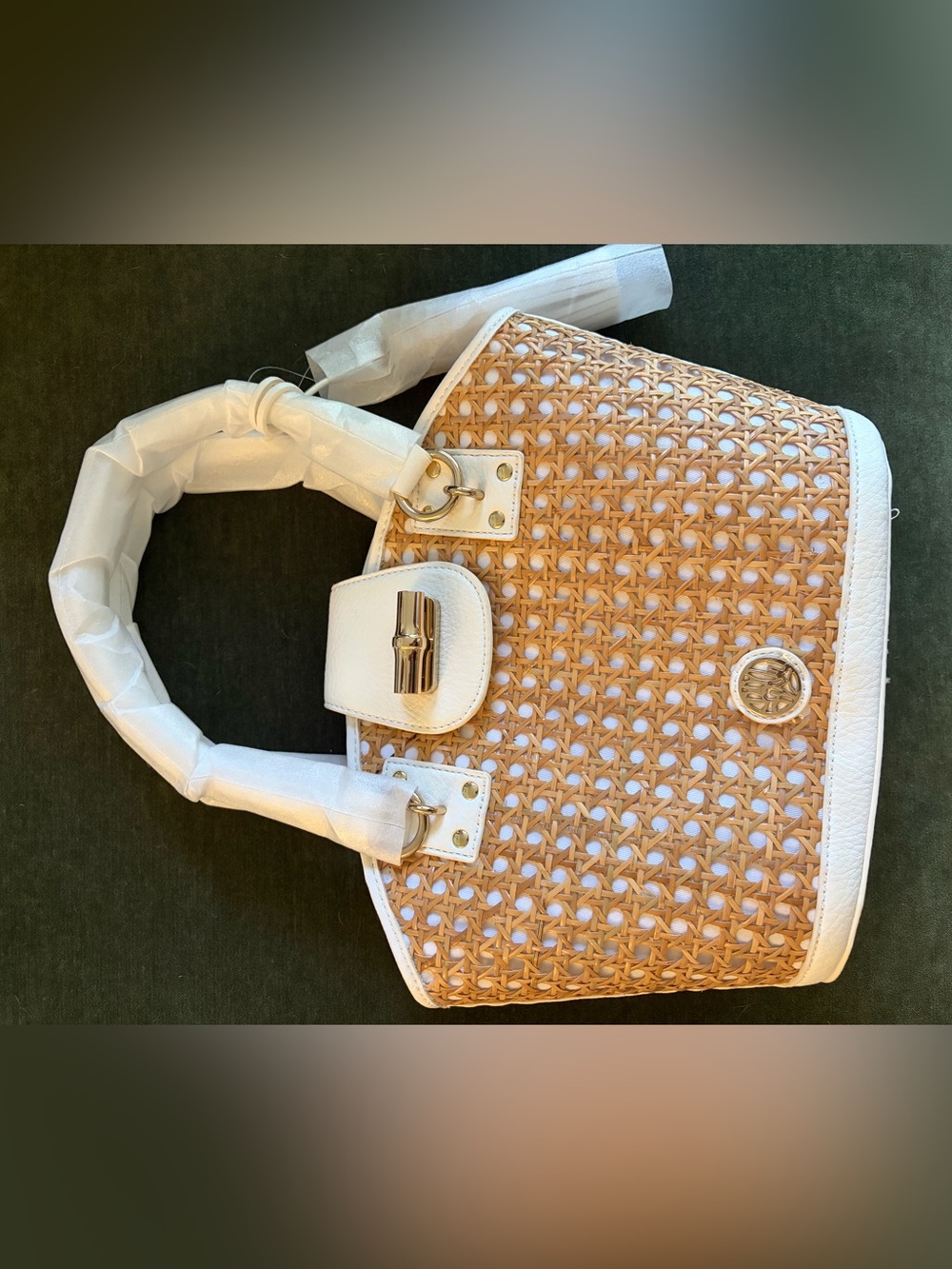 Lilly Pulitzer Adeline Cane Woven Rattan Tote Bag with White Trim NWT - Picture 4 of 6